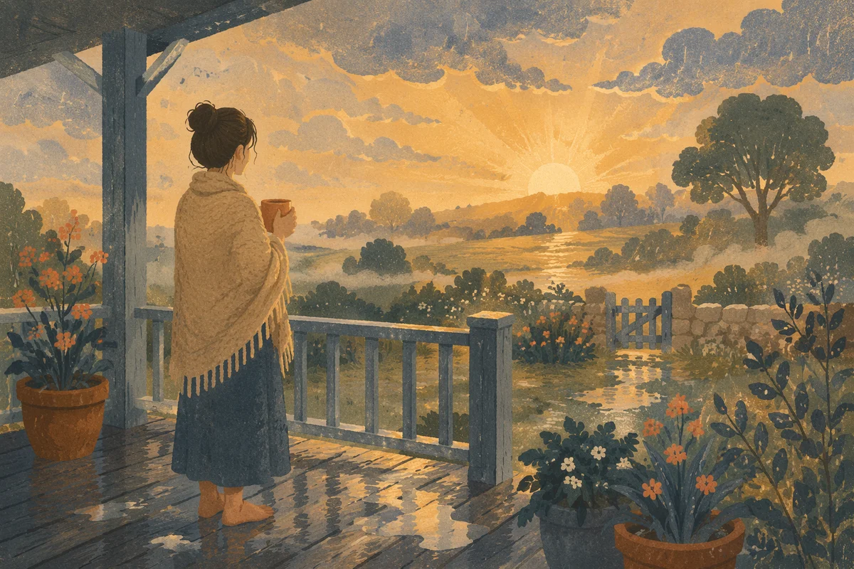 Peaceful Sunrise After Storm on Porch
