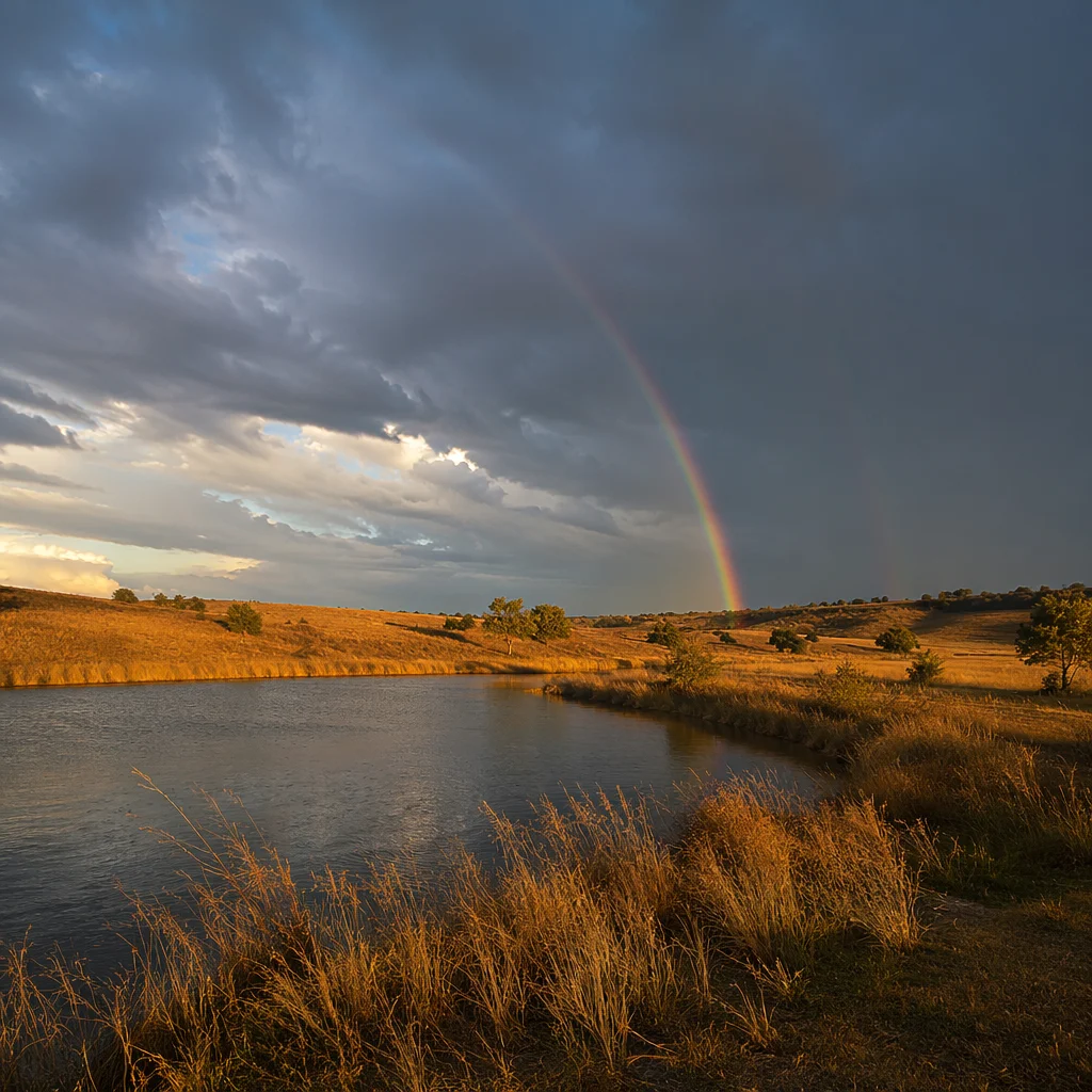 Peaceful Sunrise Rainbow Over Stormy Wetland