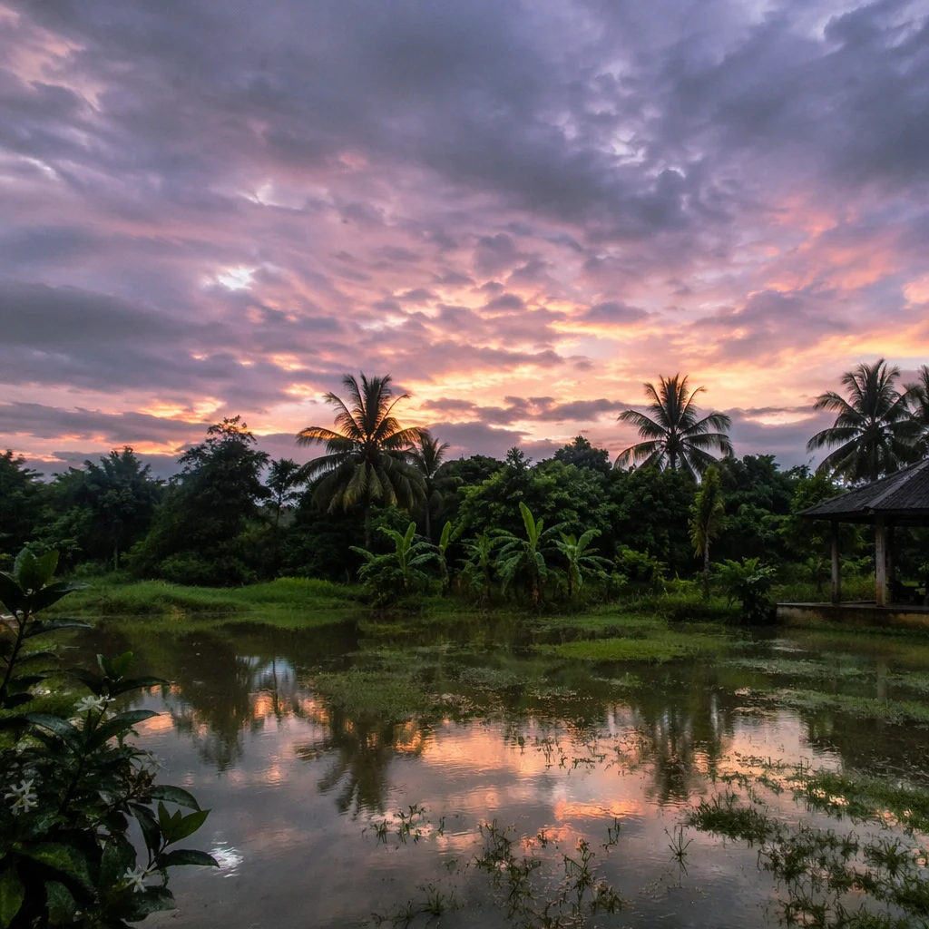 Peaceful Sunrise After Storm in Tropical Garden