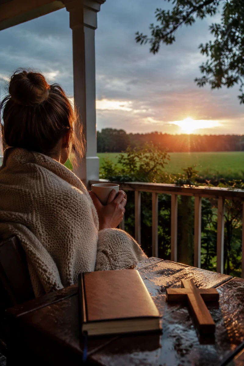Peaceful Sunrise Prayer on Farmhouse Porch