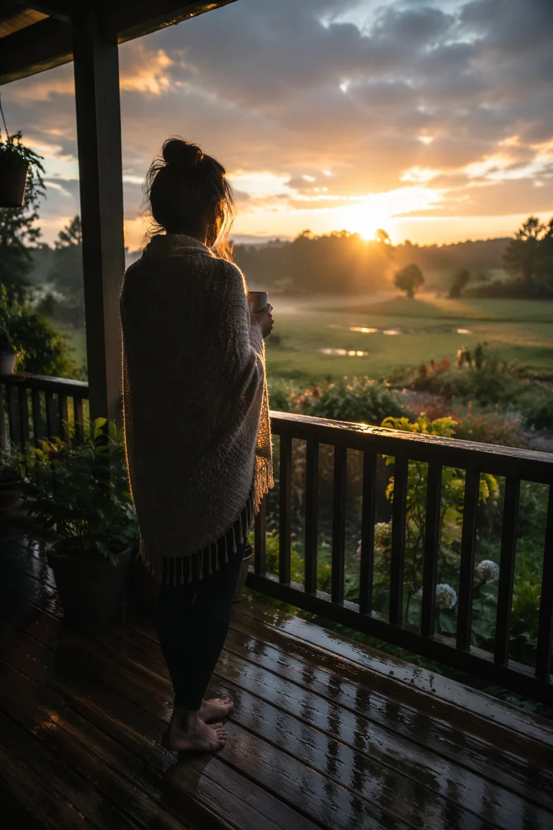 Peaceful Sunrise After Storm on Porch