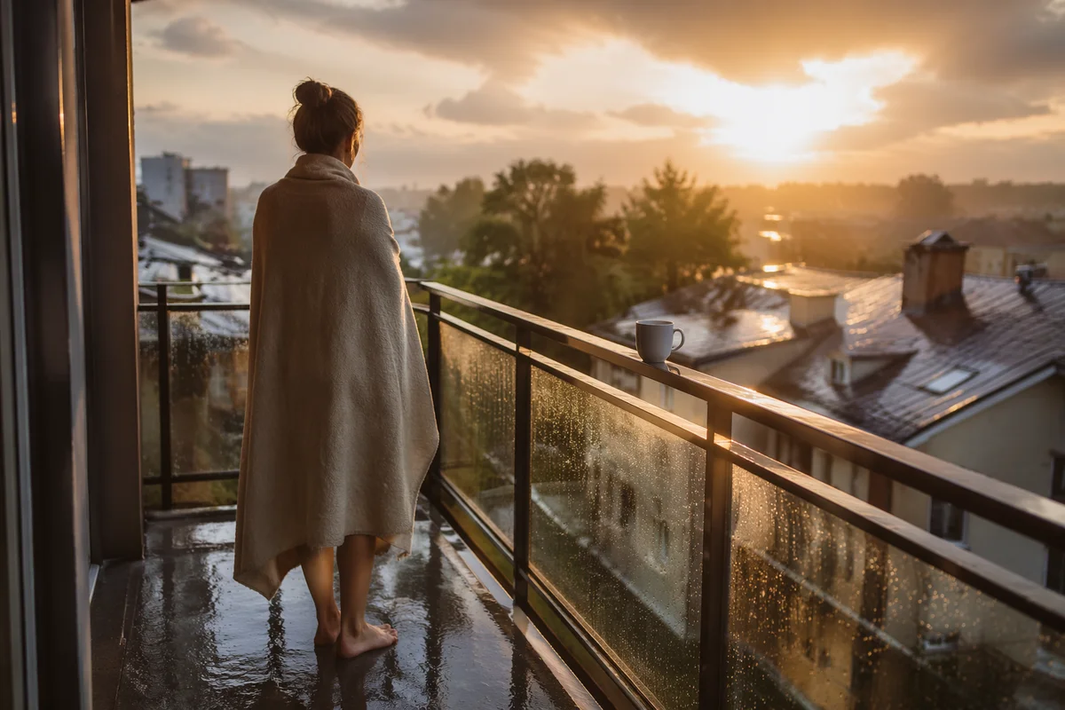 Peaceful Sunrise After Storm on Balcony