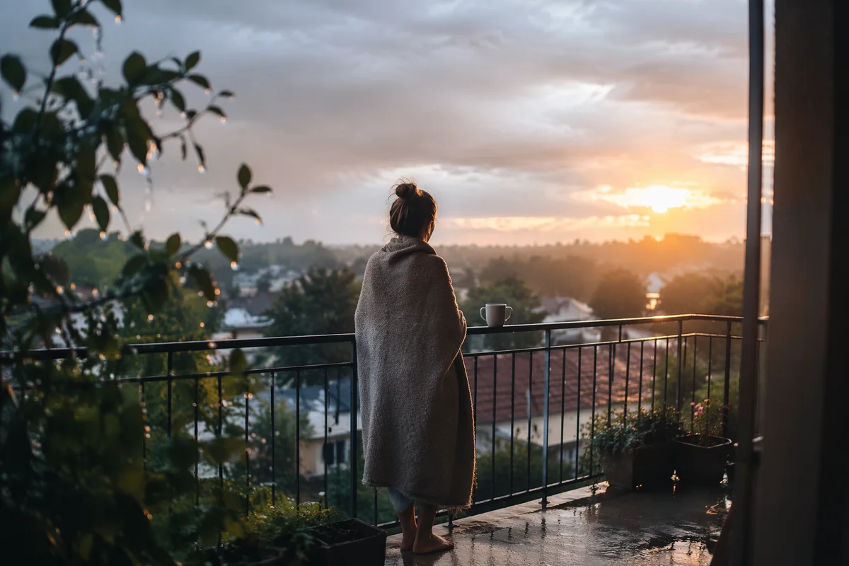 Peaceful Sunrise After Storm on Balcony
