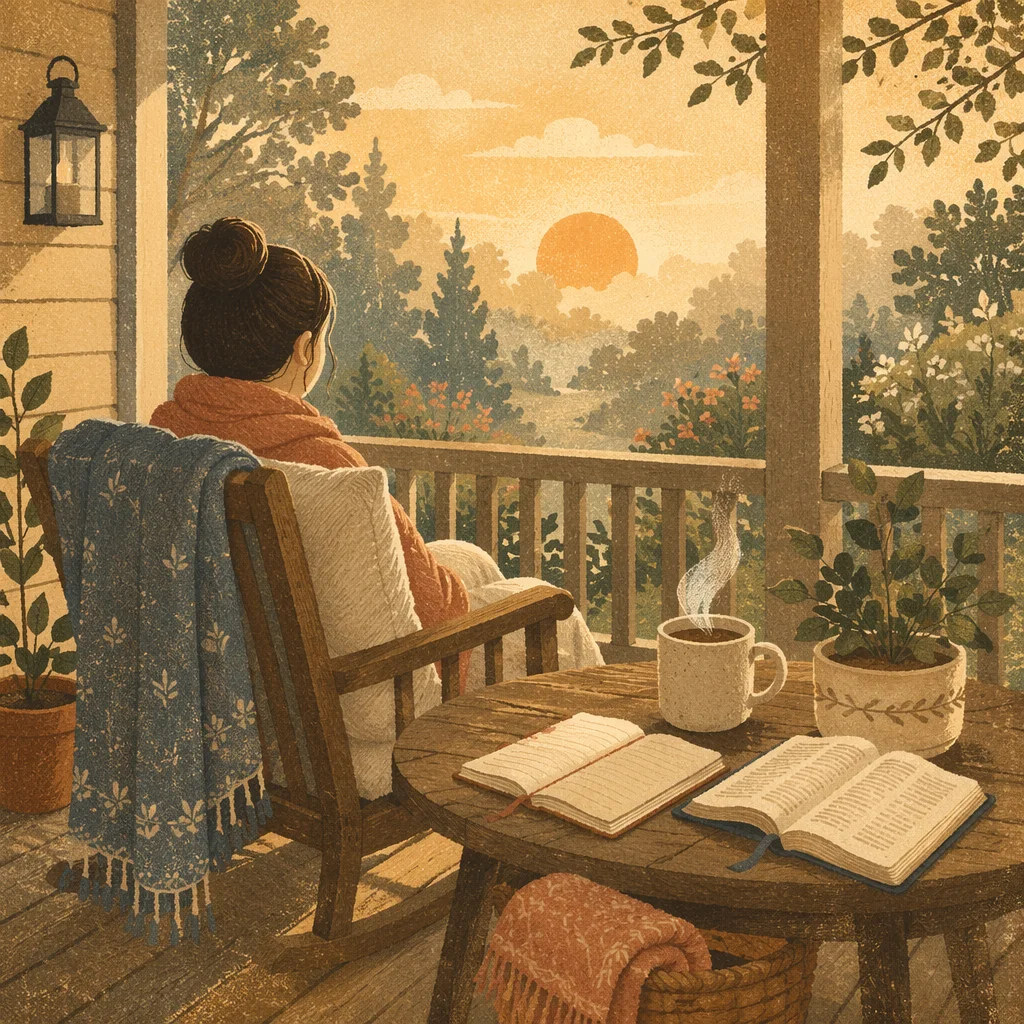 Sunrise Morning Devotion on Wooden Porch