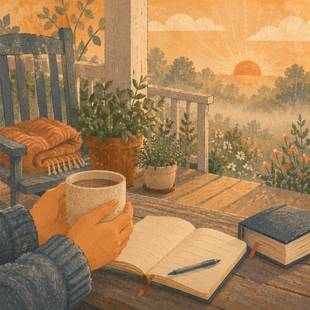 Peaceful Sunrise Devotion on Wooden Porch