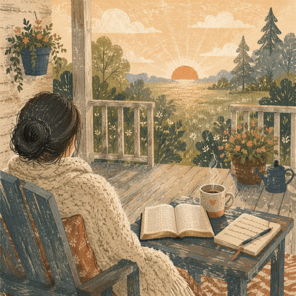 Sunrise Porch Devotion with Bible and Mug