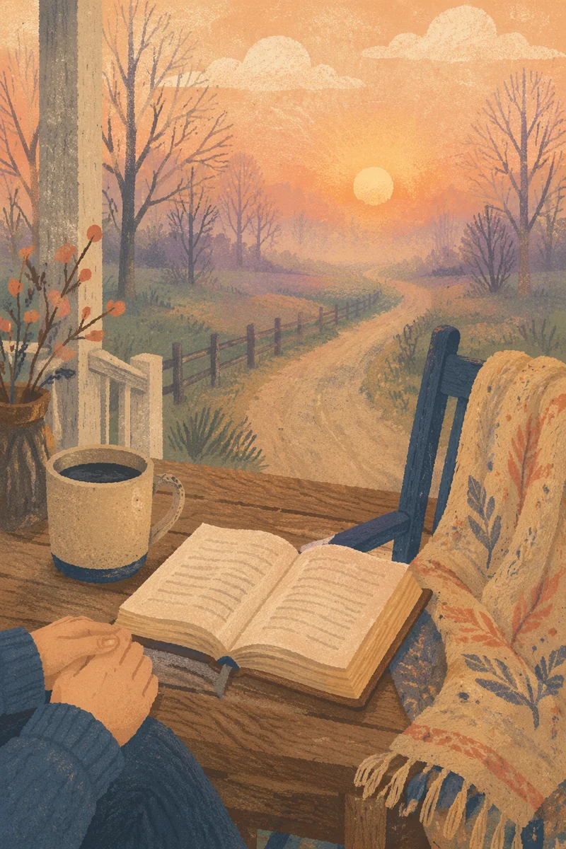 Sunrise Porch Devotion Over Misty Fields