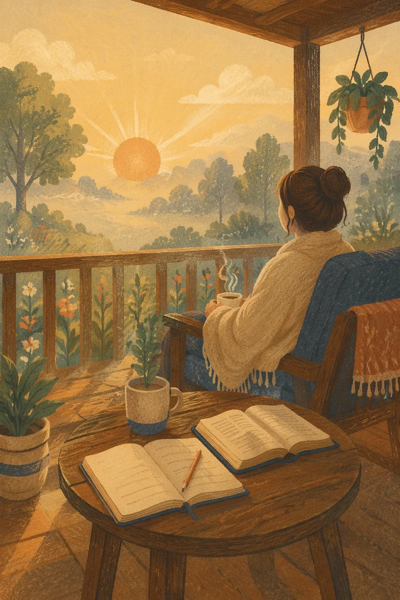 Peaceful Sunrise Devotion on Wooden Porch