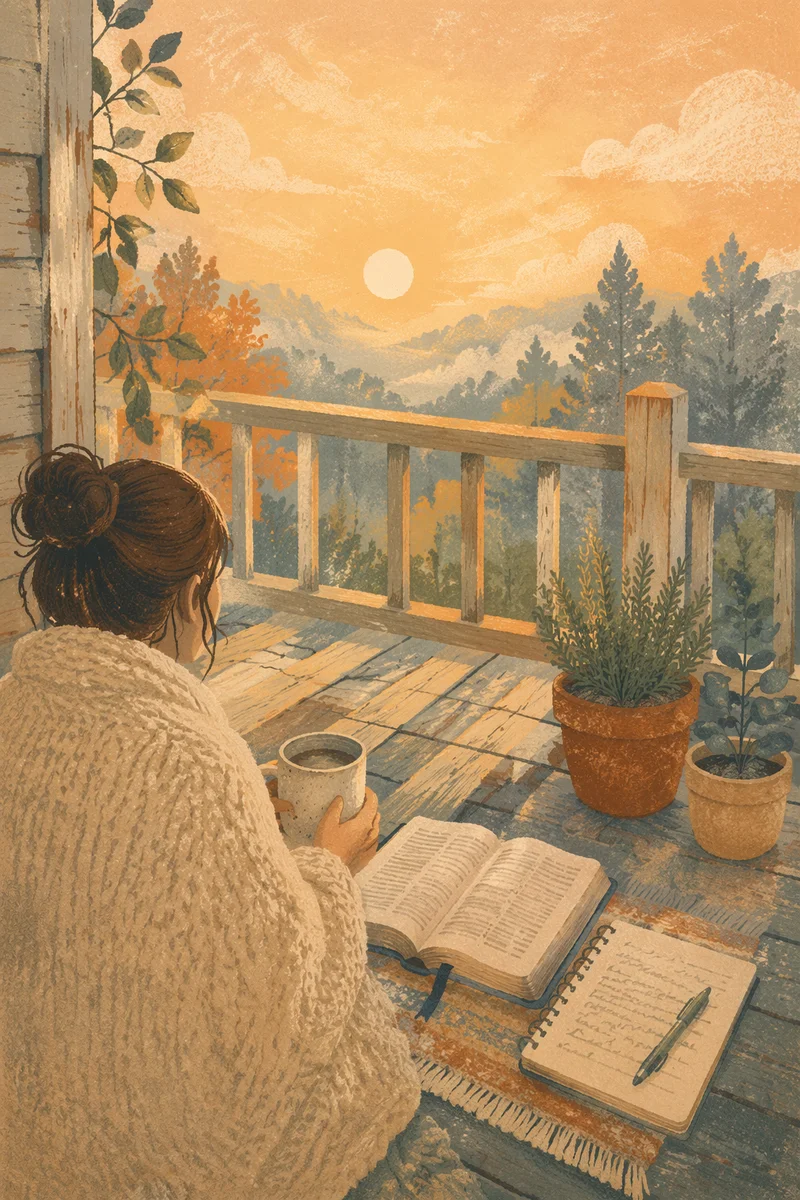 Peaceful Sunrise Devotion on Wooden Porch