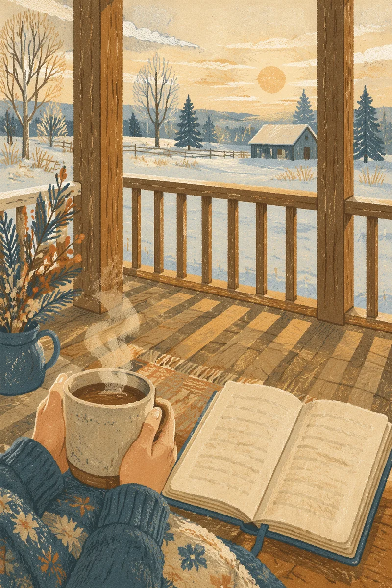 Sunrise Devotion on Snowy Cabin Porch
