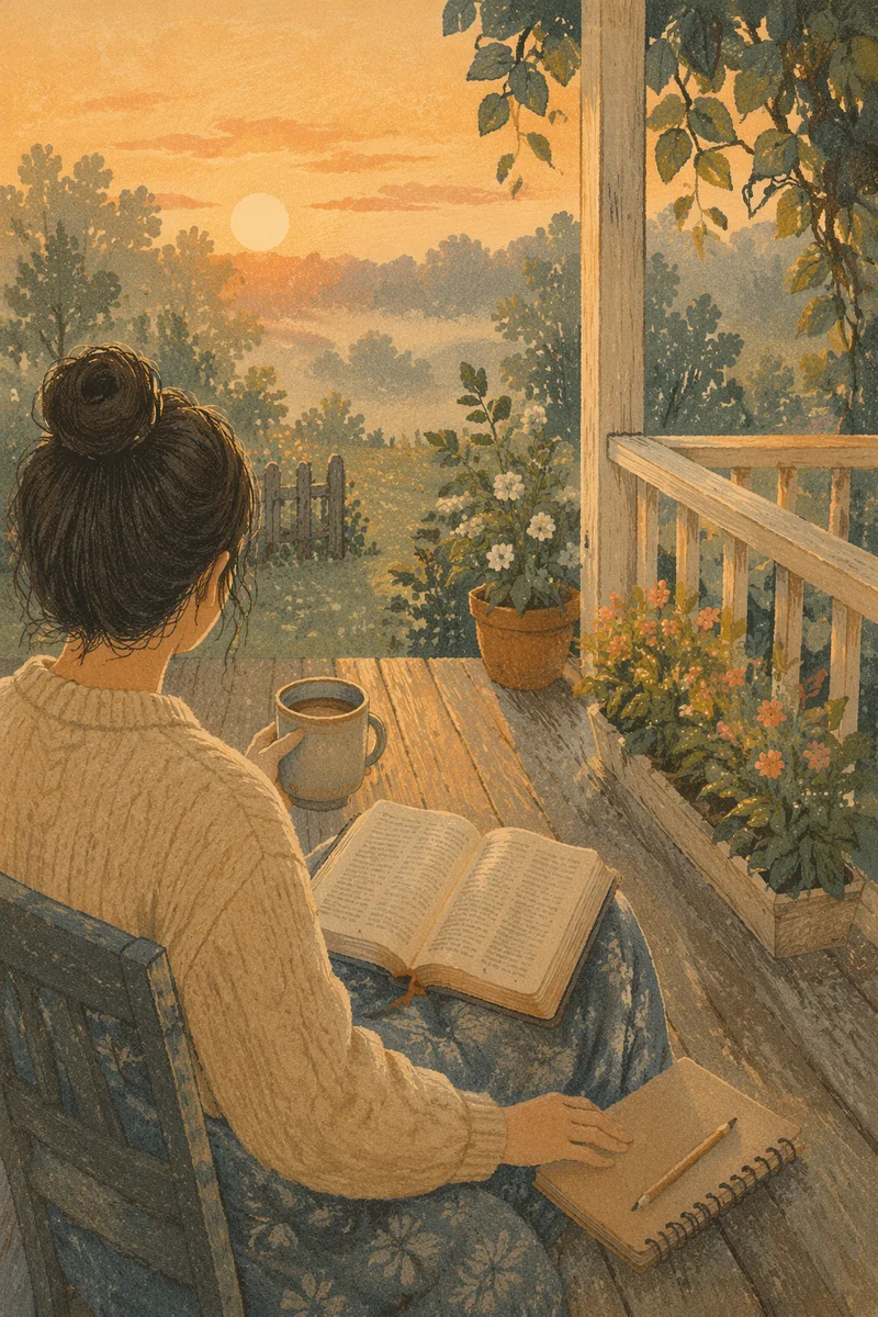 Peaceful Sunrise Devotion on Wooden Porch