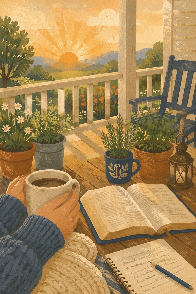 Sunrise Porch Devotion with Bible and Mug