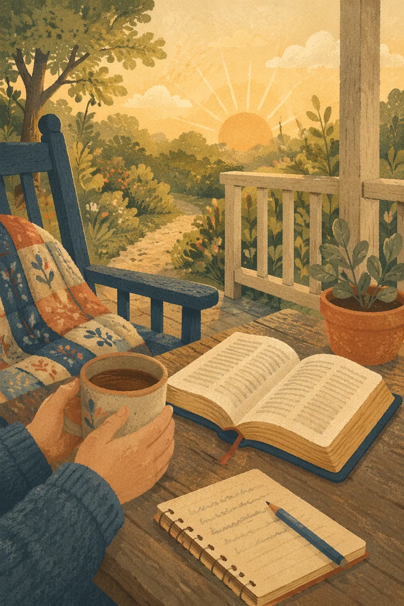 Sunrise Porch Devotion with Bible and Mug
