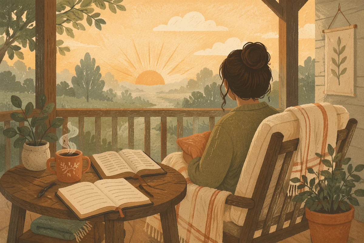 Peaceful Sunrise Devotion on Wooden Porch