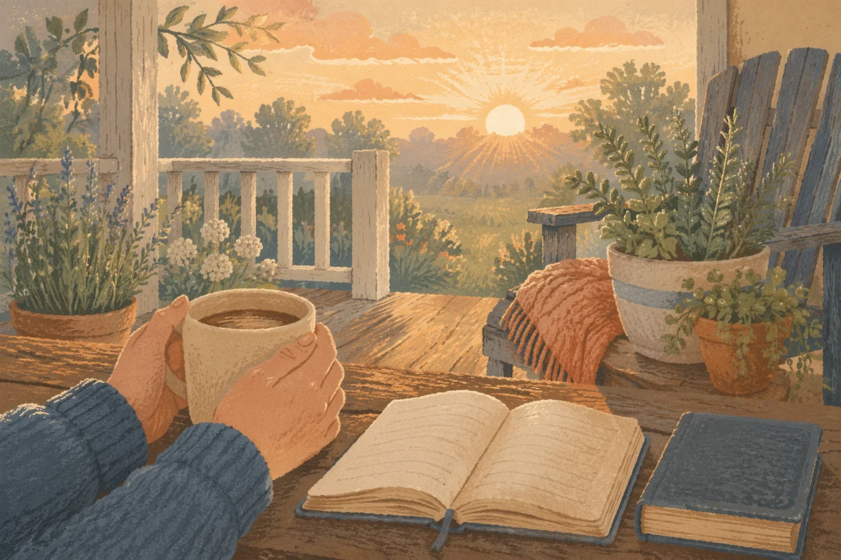 Peaceful Sunrise Devotion on Wooden Porch