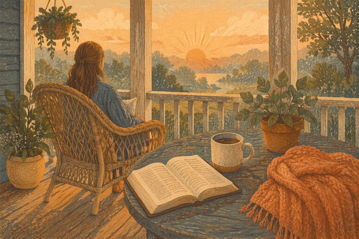 Peaceful Sunrise Devotion on Wooden Porch