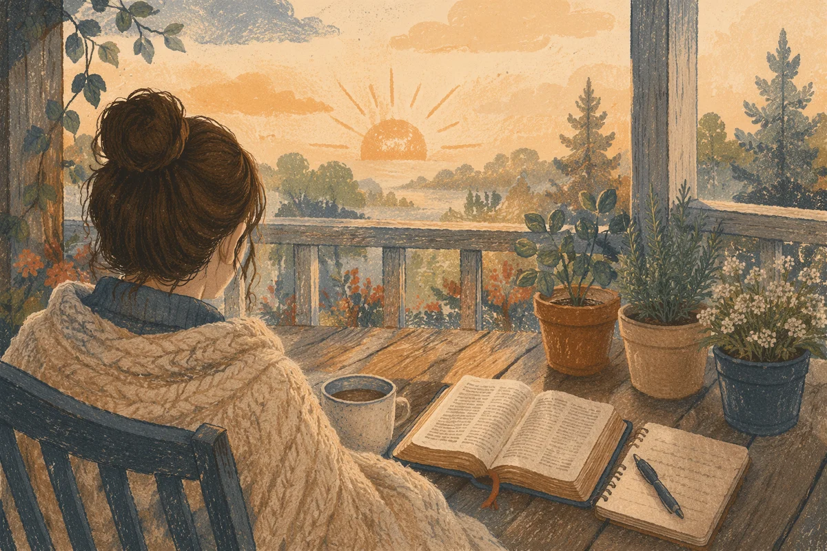 Peaceful Sunrise Devotion on Wooden Porch