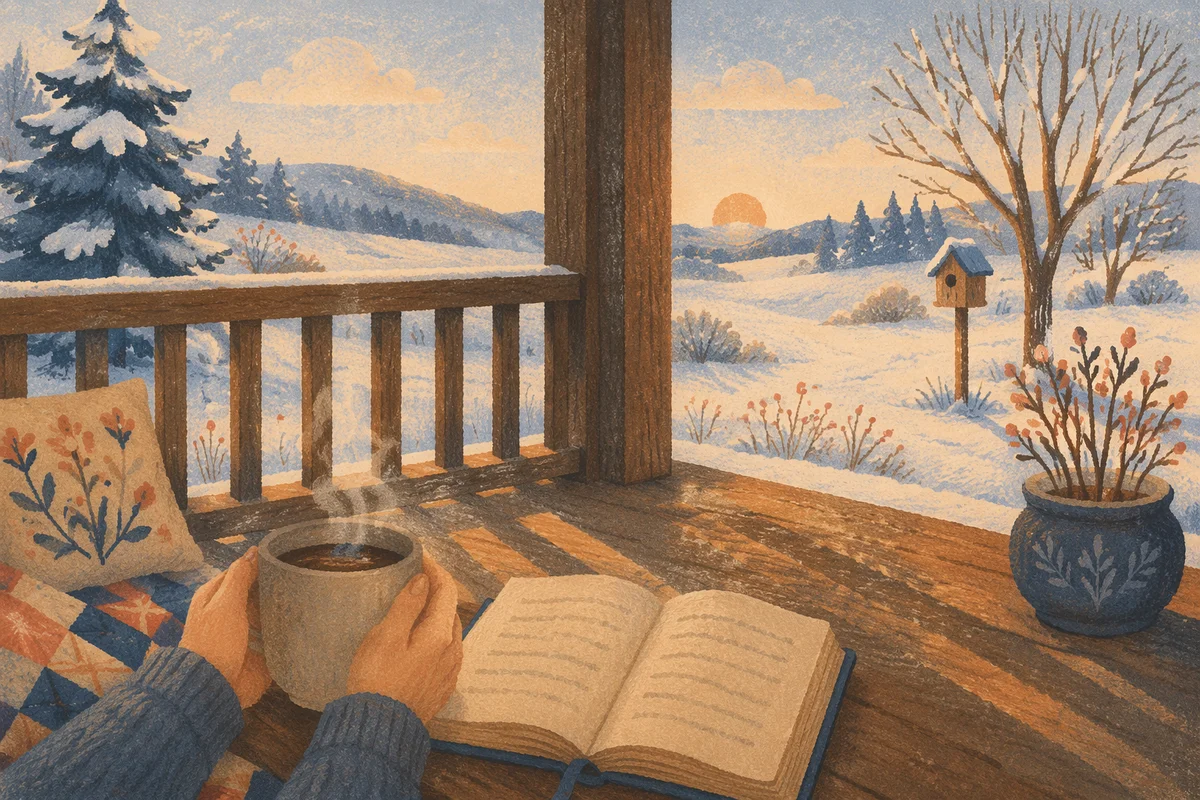 Sunrise Devotion on Snowy Cabin Porch