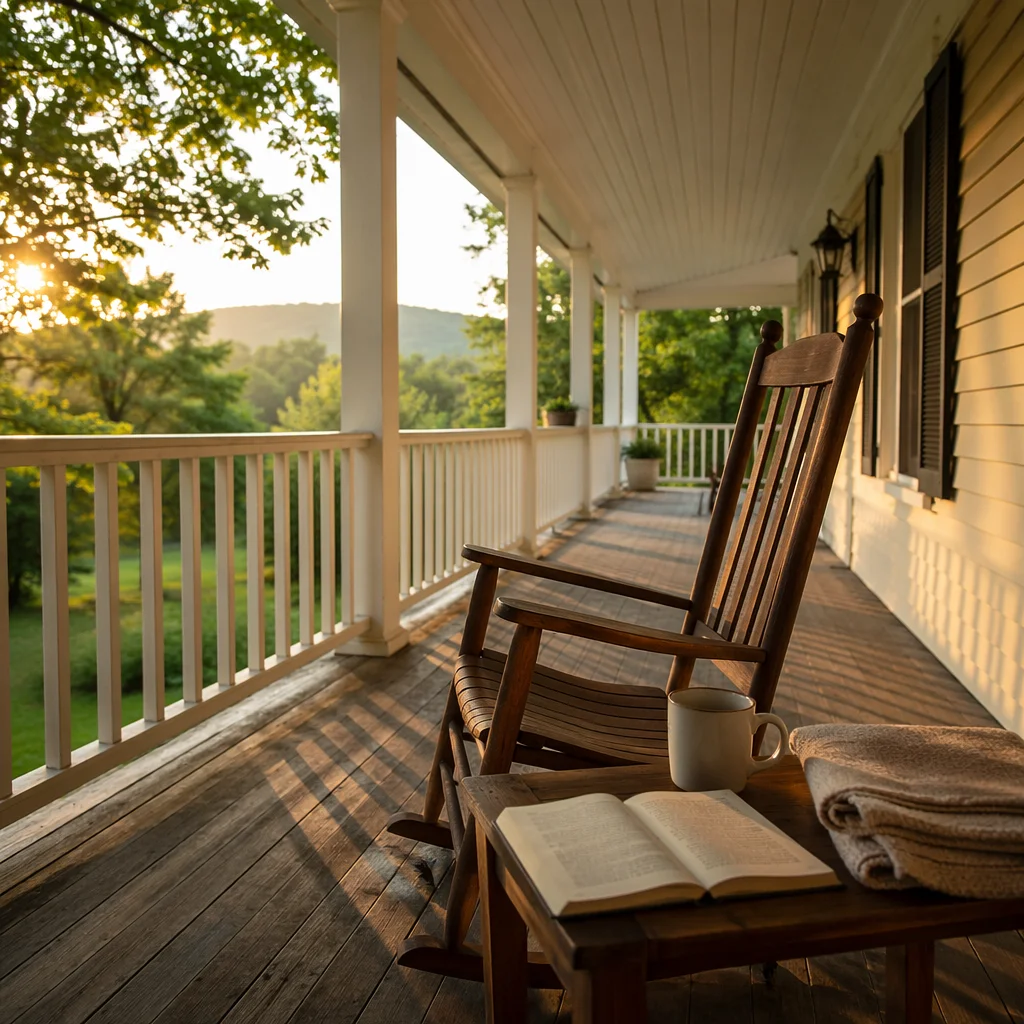 Sunrise Devotion on a Peaceful Wooden Porch