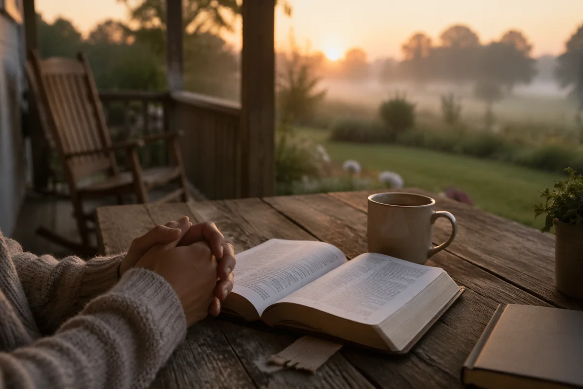 Peaceful Sunrise Devotion on Rustic Porch
