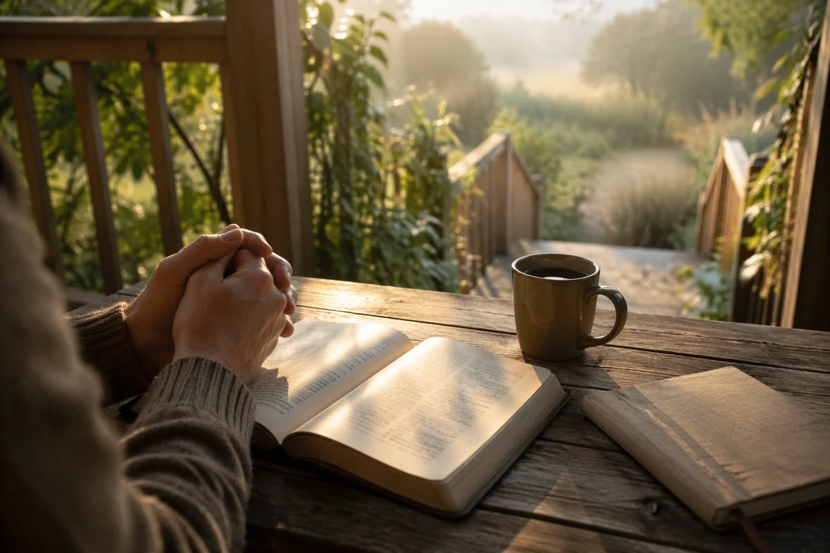 Sunrise Morning Devotion on Wooden Porch