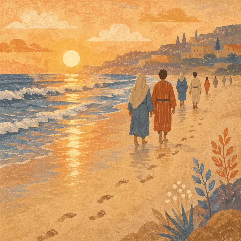 Barefoot Sunset Walk on Golden Shoreline