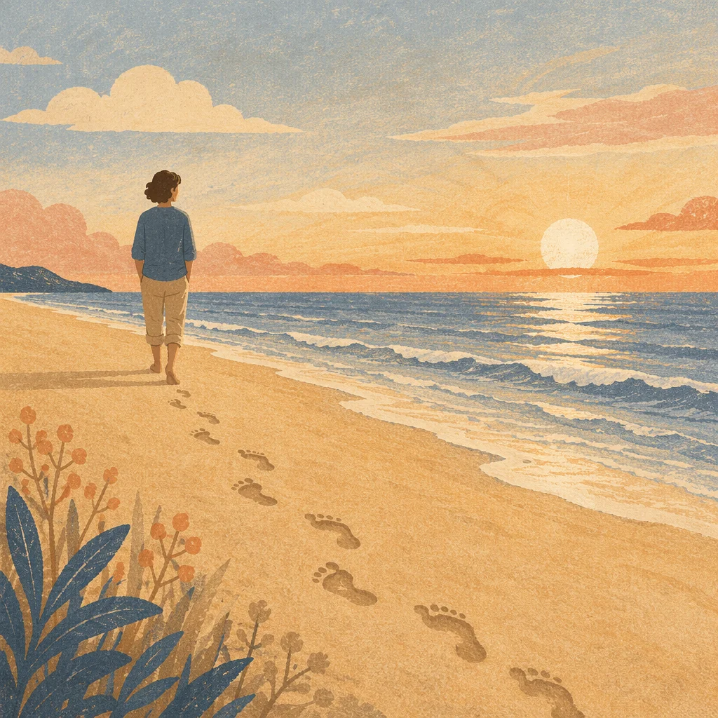 Barefoot Sunset Walk on Quiet Beach