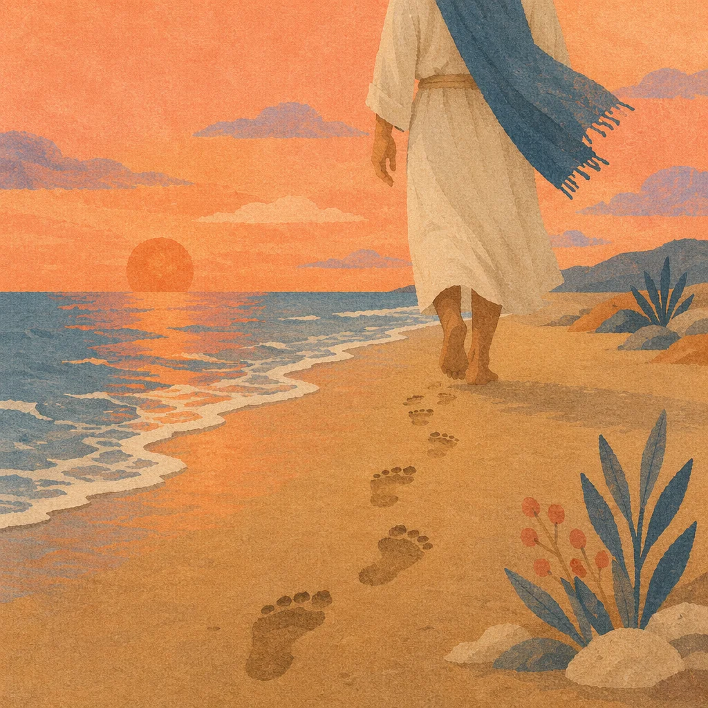 Barefoot Sunset Walk Along Quiet Shore