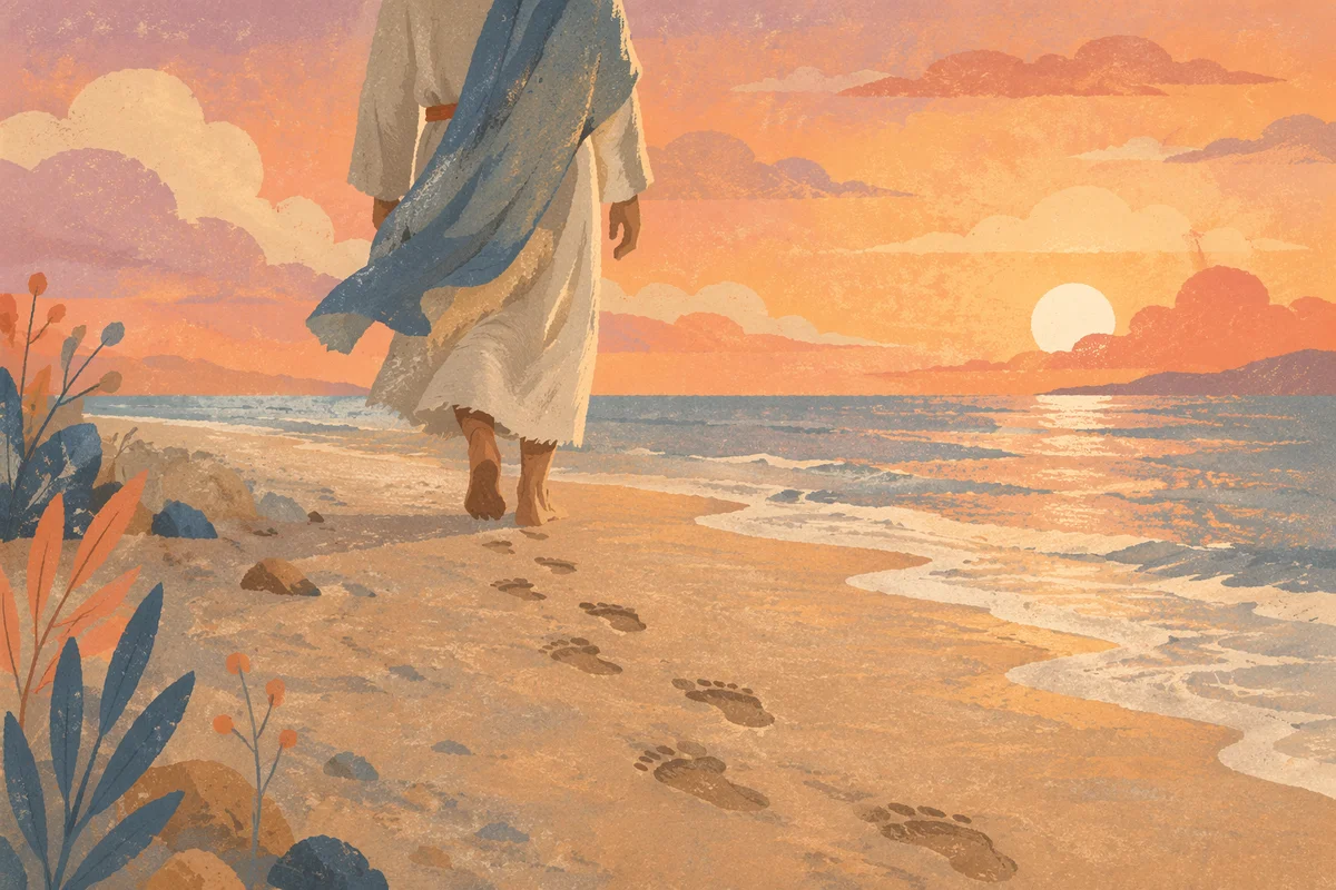 Barefoot Sunset Walk with Footprints