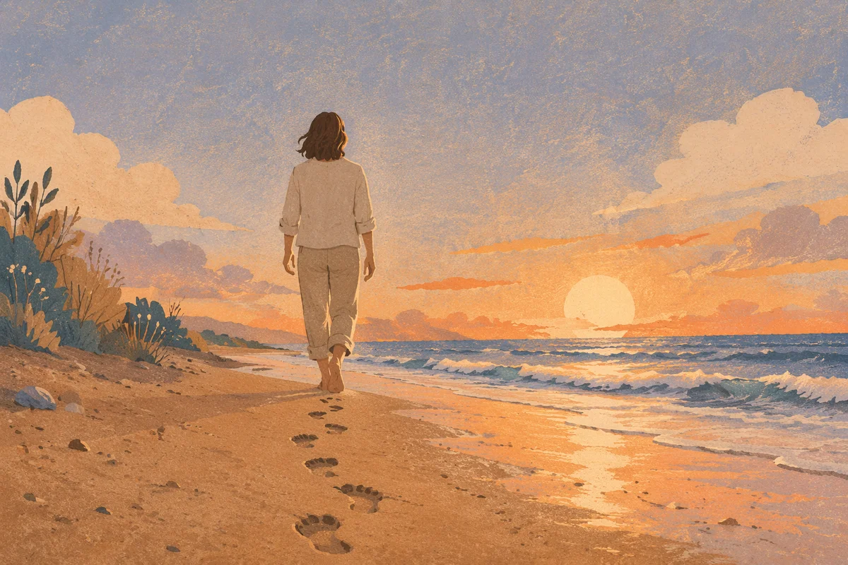 Barefoot Sunset Beach Walk with Footprints