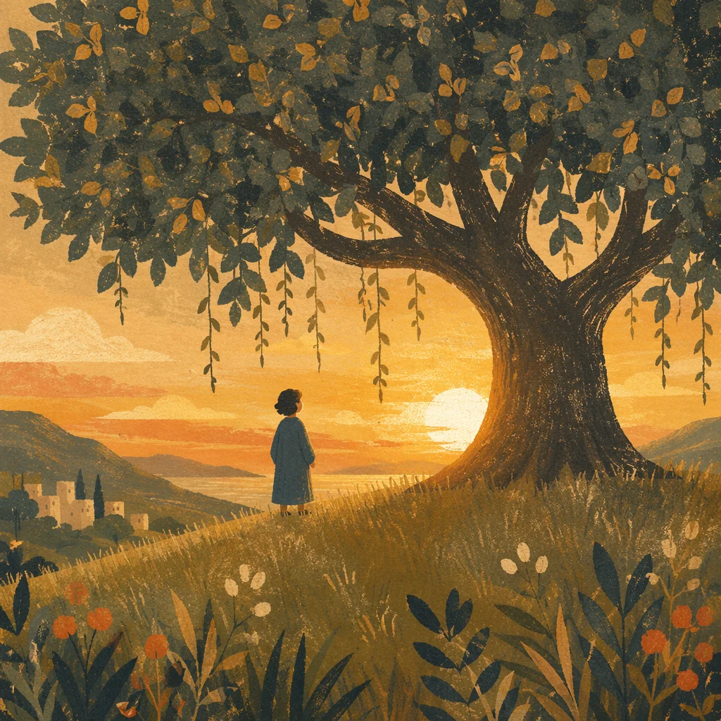 Silhouetted Figure Beneath Sunset Tree