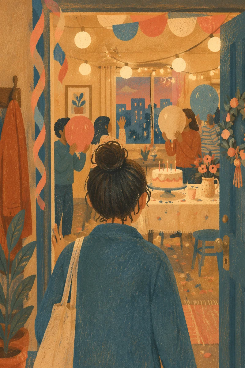 Cozy Surprise Party Entrance at Dusk