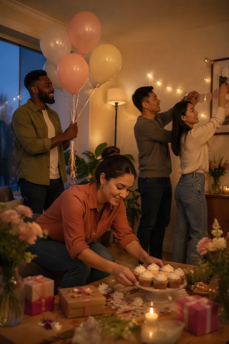 Friends Preparing Surprise Party in Living Room