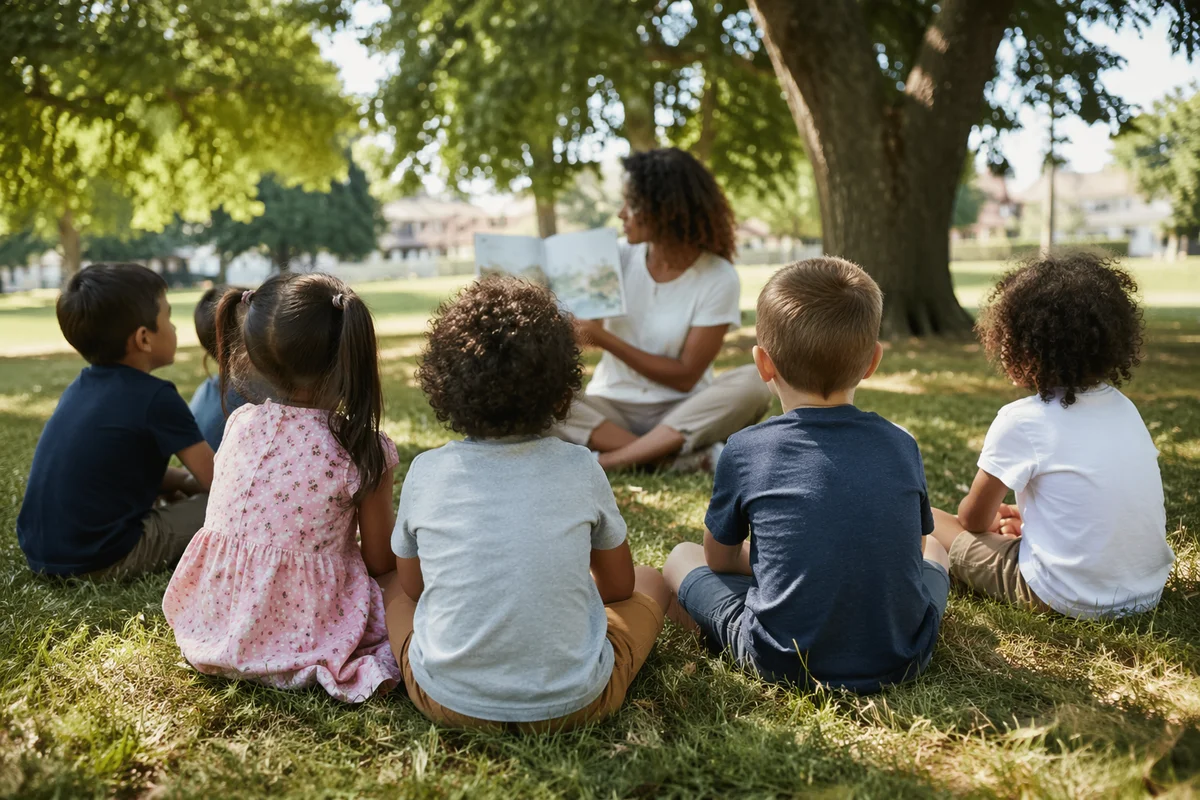 Outdoor Story Time with Teacher and Children