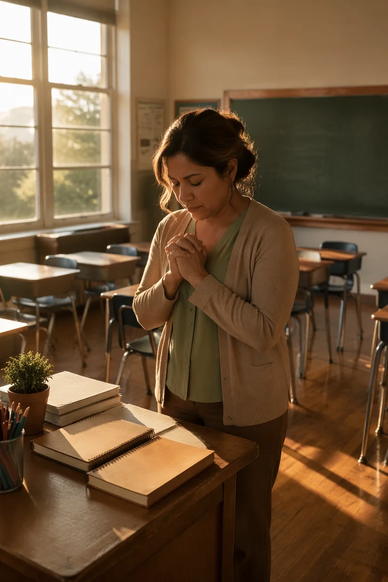 Teacher Praying Beside Desk in Classroom