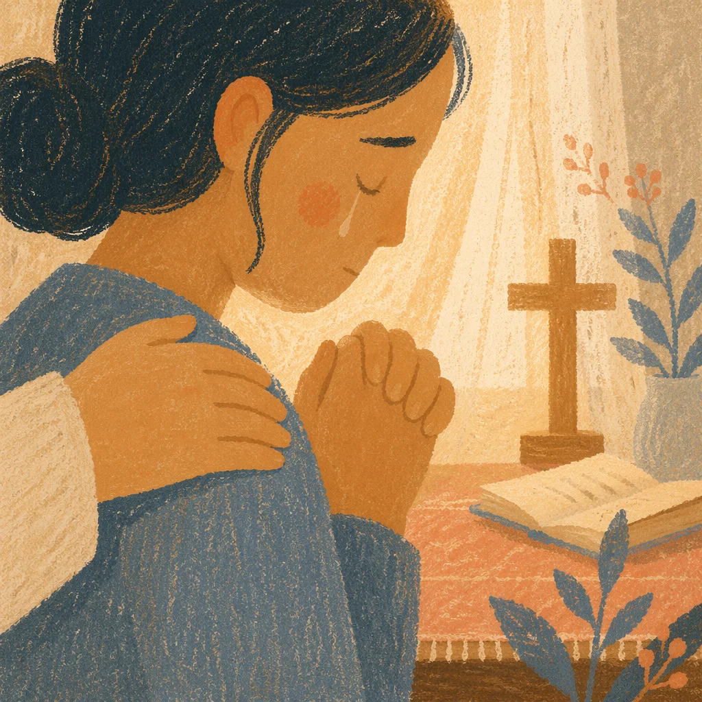 Tearful Prayer With Gentle Comforting Touch