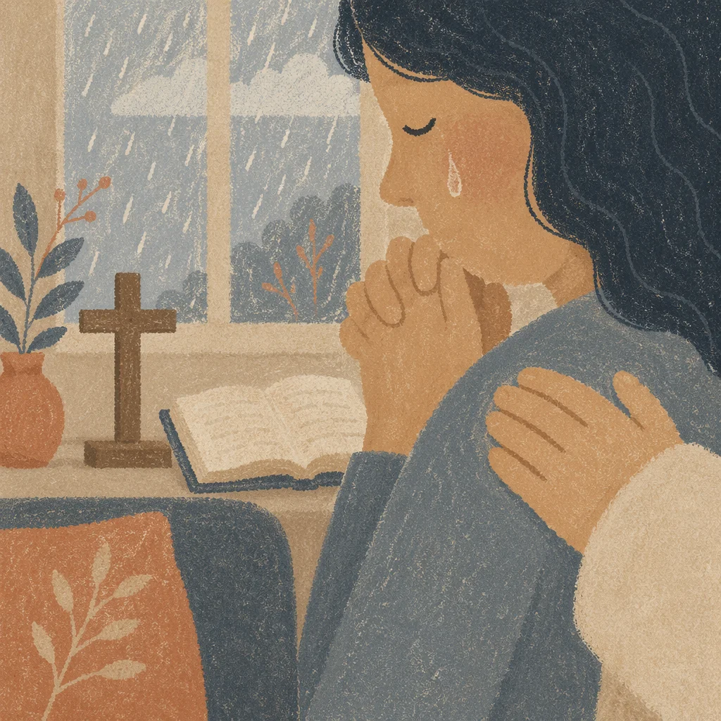Tearful Prayer With Gentle Shoulder Comfort