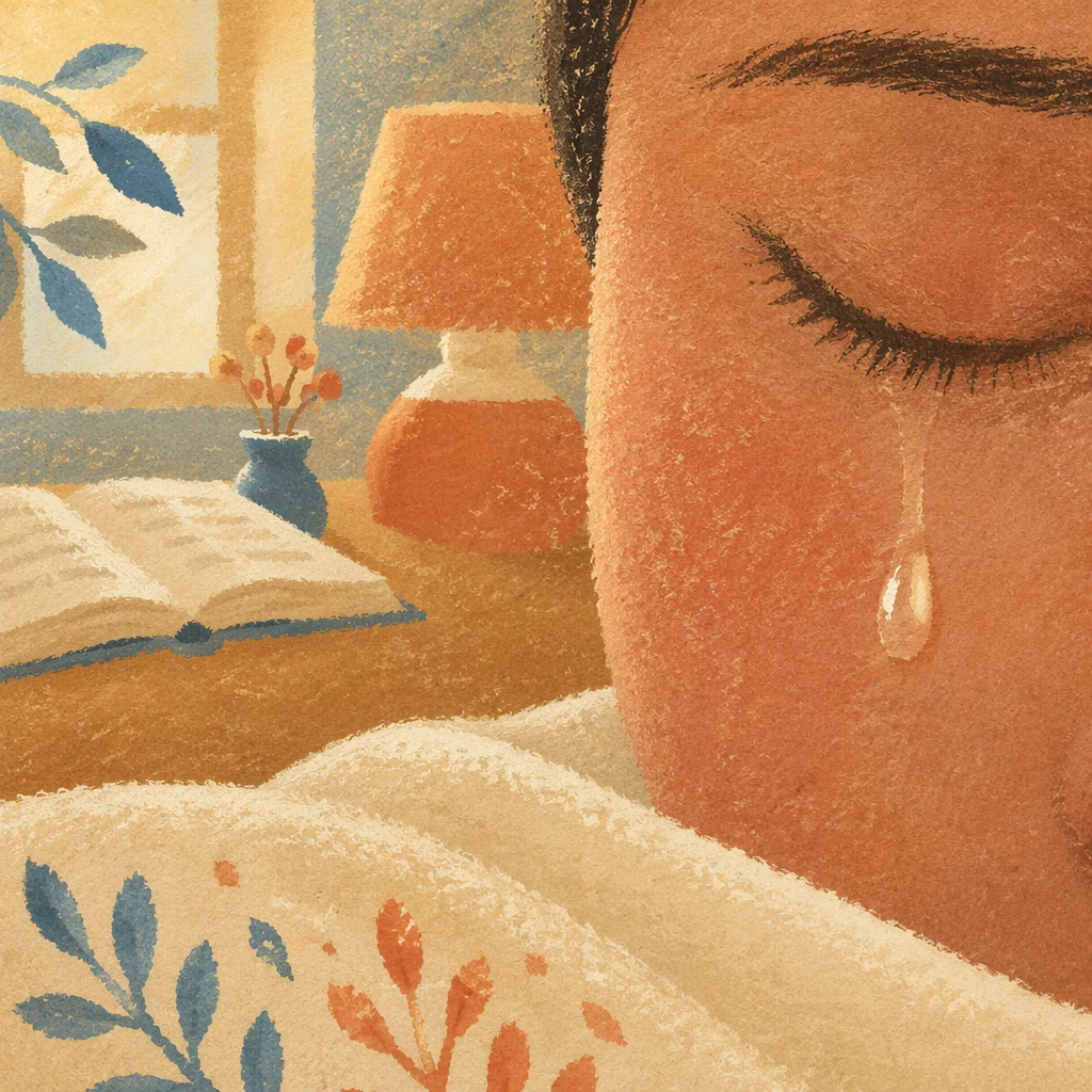 Single Tear on Cheek in Prayerful Comfort