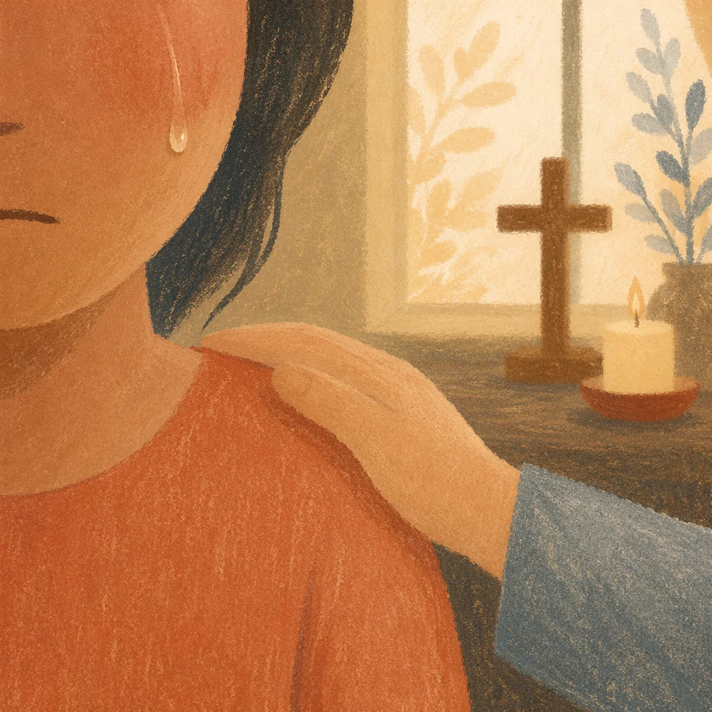 Tearful Cheek with Comforting Prayerful Touch