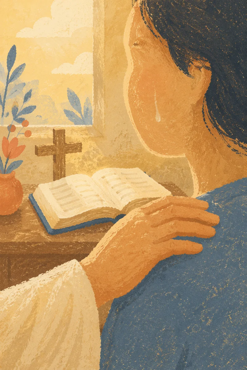 Tearful Prayer Comfort in Morning Light