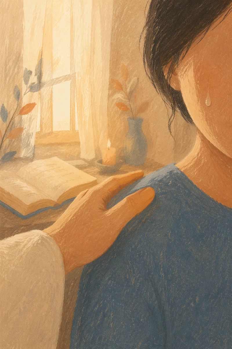 Tearful Cheek Comforted in Prayerful Stillness