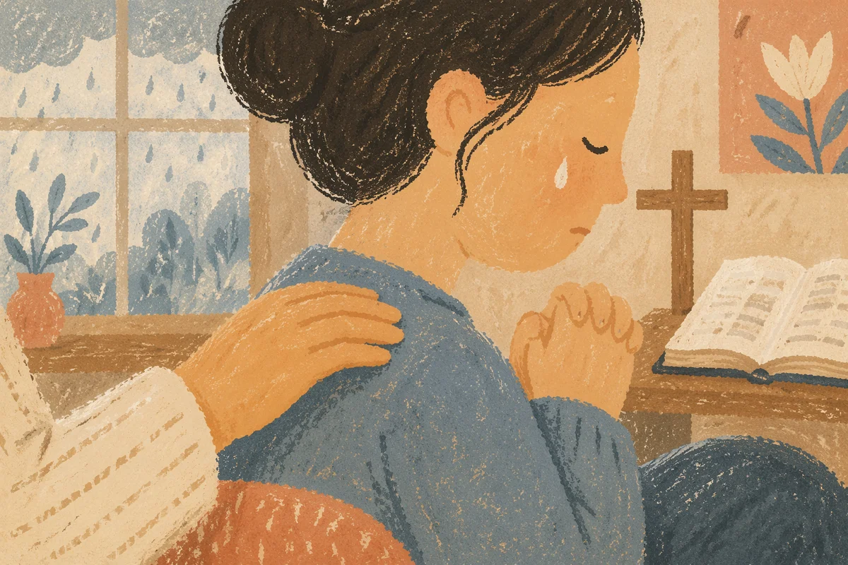 Tearful Prayer Comfort by Rainy Window