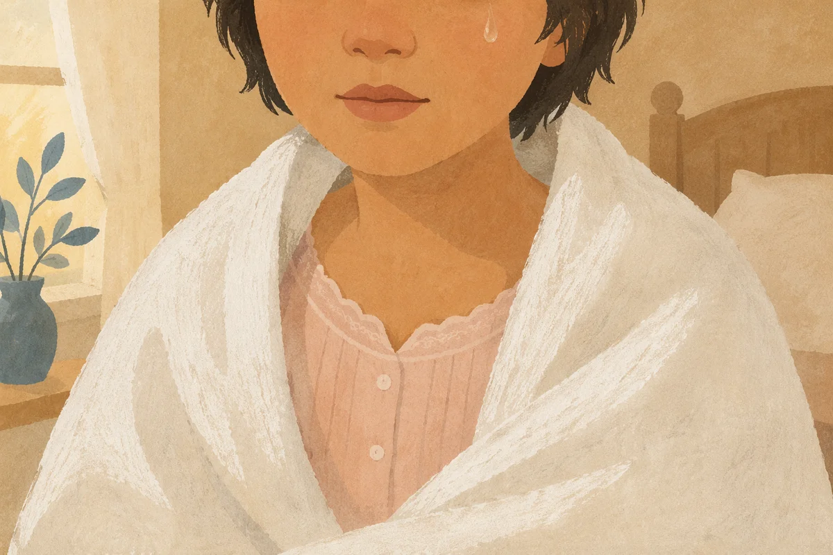 Tearful Close-Up with Gentle Morning Comfort