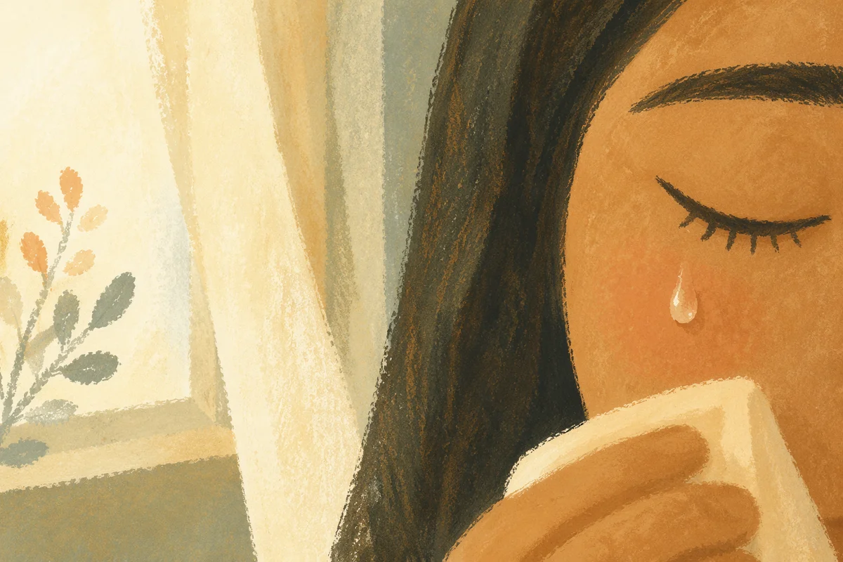 Tear on Cheek in Quiet Comfort