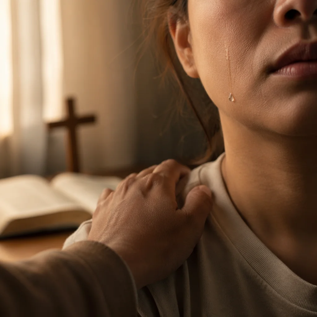 Tearful Cheek Comforted in Prayer Corner