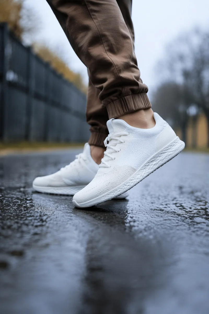 White Sneakers on Rainy Urban Path