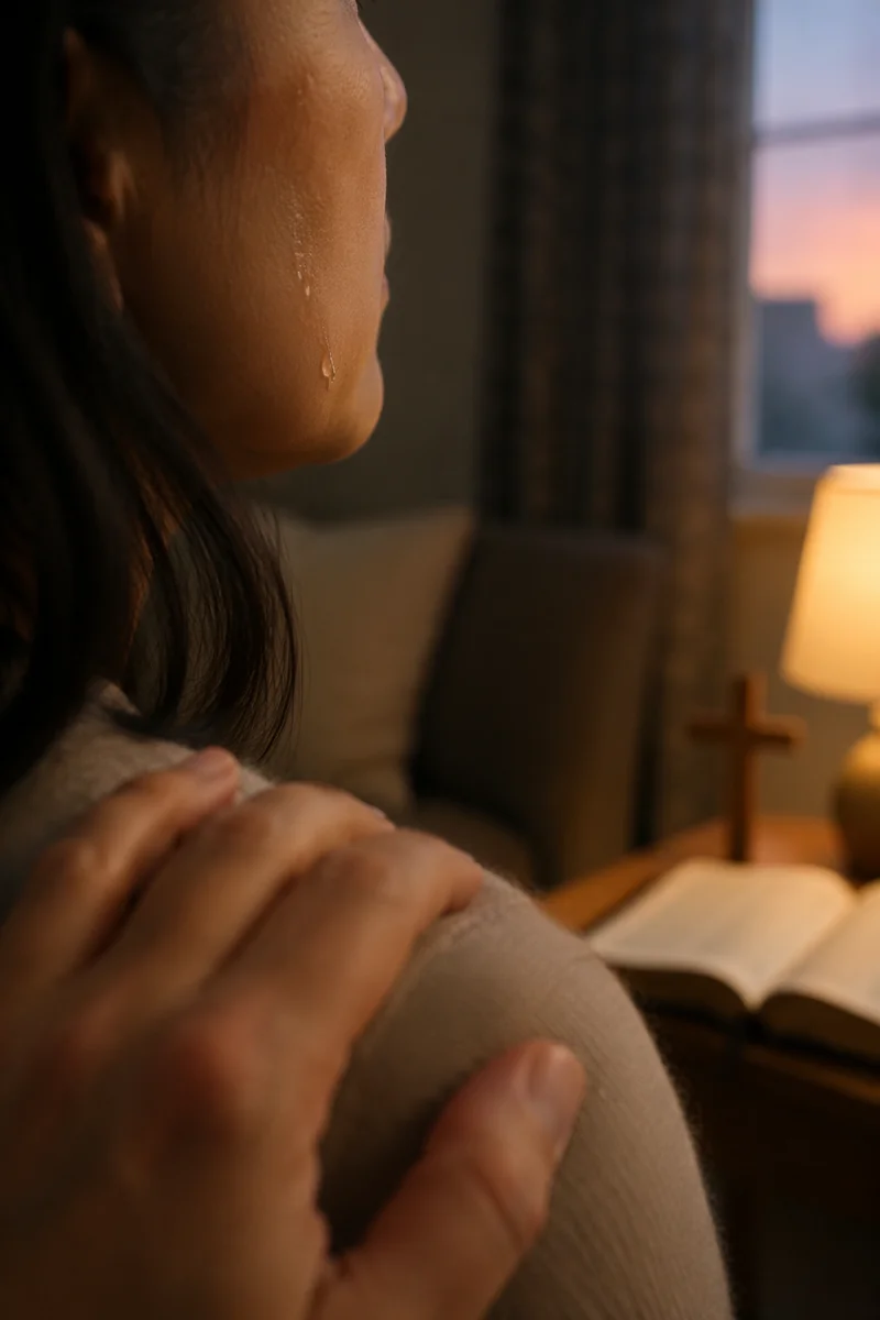 Tearful Cheek with Gentle Prayerful Comfort