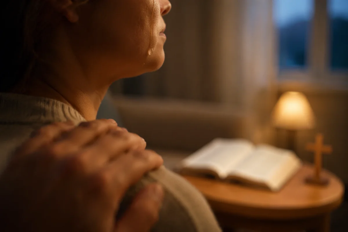 Tearful Cheek with Gentle Prayer Comfort