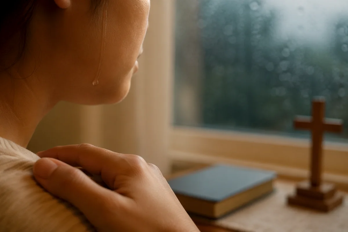 Comforting Tear Beside Rainy Prayer Window