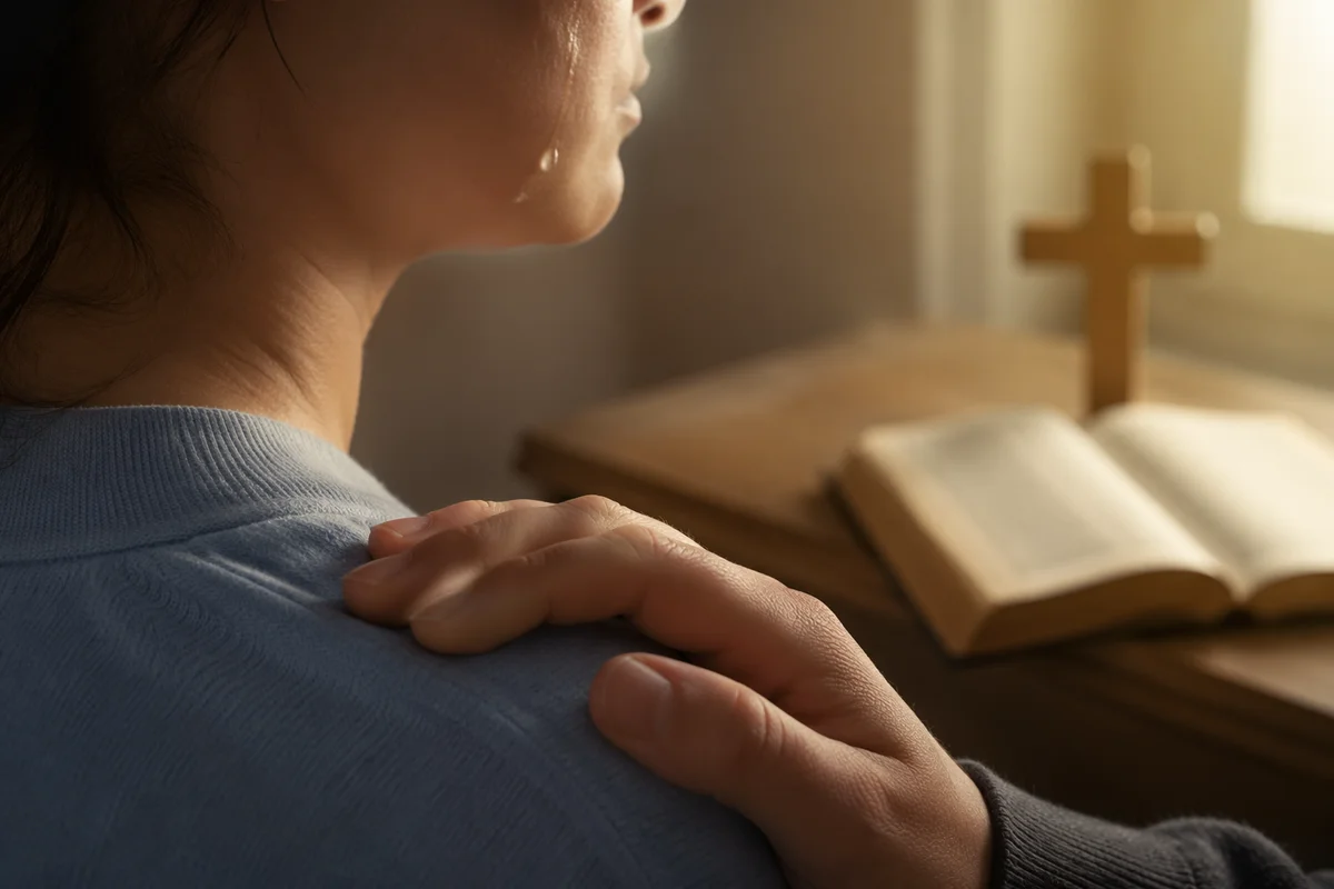 Tearful Moment of Prayerful Comfort